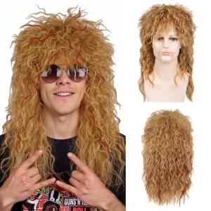 imageNAYOO Mens 80s Mullet Wig  Curly Long Blonde ampamp Reddish Brown Glam RockRocker Hair WigBlonde and Reddish Brown
