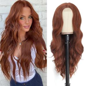 imageNAYOO Long Auburn Wavy Wig for Women 26 Inch Middle Part Curly Wavy Wig Natural Looking Synthetic Heat Resistant Fiber for Daily Party Use26Inch Auburn
