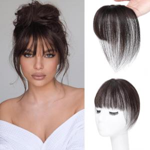 imageNAYOO Bangs Hair Clip 100 Real Human Hair Toppers 3603D Cover Clip in Bangs Hair pieces Wispy Bangs for Women French Bangs for Daily WearMedium BrownBrown Black