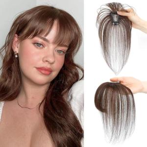 imageNAYOO Bangs Hair Clip 100 Real Human Hair Toppers 3603D Cover Clip in Bangs Hair pieces Wispy Bangs for Women French Bangs for Daily WearMedium BrownDark Brown