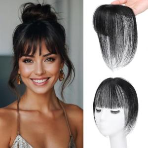 imageNAYOO Bangs Hair Clip 100 Real Human Hair Toppers 3603D Cover Clip in Bangs Hair pieces Wispy Bangs for Women French Bangs for Daily WearMedium BrownNatural Black
