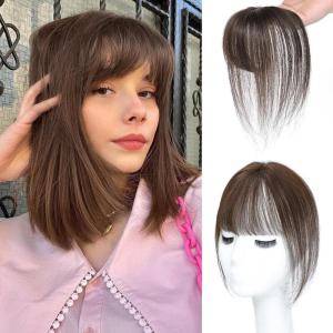 imageNAYOO Bangs Hair Clip Ash Blonde Fake Bangs 100 Real Human Hair Extensions Wispy Bangs for Women Fringe with Temples Hairpieces Curved Bangs for Daily WearBrown