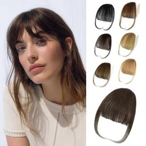 imageNAYOO Bangs Hair Clip Ash Blonde Fake Bangs 100 Real Human Hair Extensions Wispy Bangs for Women Fringe with Temples Hairpieces Curved Bangs for Daily Wear2 darkest brown