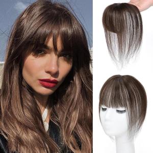 imageNAYOO Bangs Hair Clip Ash Blonde Fake Bangs 100 Real Human Hair Extensions Wispy Bangs for Women Fringe with Temples Hairpieces Curved Bangs for Daily WearDark Brown