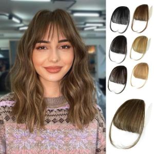 imageNAYOO Bangs Hair Clip Ash Blonde Fake Bangs 100 Real Human Hair Extensions Wispy Bangs for Women Fringe with Temples Hairpieces Curved Bangs for Daily WearLight Brown