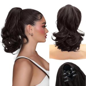 imageNAYOO Claw Clip Ponytail Extension Black 12quot Short Wavy Ponytail Clip in Hair Extensions for Women Curly Natural Layered Pony Tails for Short Thin Hair Synthetic HairpieceBlackBlack Brown