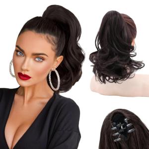 imageNAYOO Claw Clip Ponytail Extension Black 12quot Short Wavy Ponytail Clip in Hair Extensions for Women Curly Natural Layered Pony Tails for Short Thin Hair Synthetic HairpieceBlackDark Brown