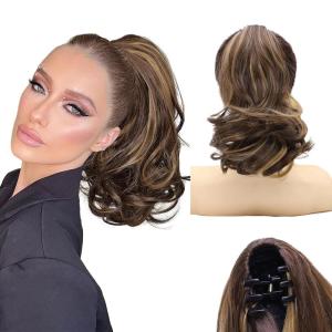 imageNAYOO Claw Clip Ponytail Extension Black 12quot Short Wavy Ponytail Clip in Hair Extensions for Women Curly Natural Layered Pony Tails for Short Thin Hair Synthetic HairpieceBlackBrown Mixed Dirty Blonde