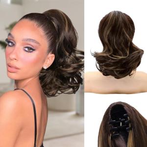 imageNAYOO Claw Clip Ponytail Extension Black 12quot Short Wavy Ponytail Clip in Hair Extensions for Women Curly Natural Layered Pony Tails for Short Thin Hair Synthetic HairpieceBlackDark Brown Mixed Chestnut