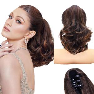 imageNAYOO Claw Clip Ponytail Extension Black 12quot Short Wavy Ponytail Clip in Hair Extensions for Women Curly Natural Layered Pony Tails for Short Thin Hair Synthetic HairpieceBlackCopper Brown