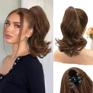 imageNAYOO Claw Clip Ponytail Extension Black 12quot Short Wavy Ponytail Clip in Hair Extensions for Women Curly Natural Layered Pony Tails for Short Thin Hair Synthetic HairpieceBlackChestnut Brown