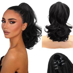 imageNAYOO Claw Clip Ponytail Extension Black 12quot Short Wavy Ponytail Clip in Hair Extensions for Women Curly Natural Layered Pony Tails for Short Thin Hair Synthetic HairpieceBlackBlack