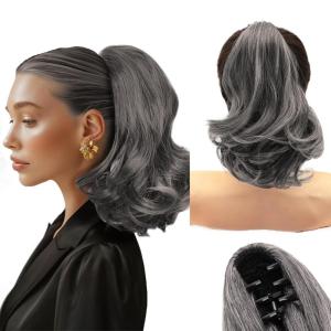 imageNAYOO Claw Clip Ponytail Extension Black 12quot Short Wavy Ponytail Clip in Hair Extensions for Women Curly Natural Layered Pony Tails for Short Thin Hair Synthetic HairpieceBlackSalt and Pepper
