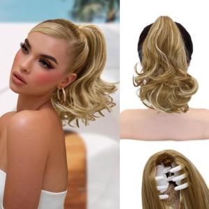 imageNAYOO Claw Clip Ponytail Extension Black 12quot Short Wavy Ponytail Clip in Hair Extensions for Women Curly Natural Layered Pony Tails for Short Thin Hair Synthetic HairpieceBlackMedium Blonde with Blonde Highlights
