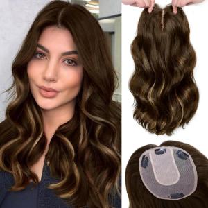 imageNAYOO Wavy Synthetic Clip In Hair Topper for Thinning Hair  20inch Natural Black Adds VolumeAsh Brown Mix Blonde
