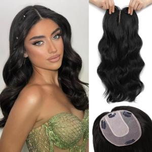 imageNAYOO Wavy Synthetic Clip In Hair Topper for Thinning Hair  20inch Natural Black Adds VolumeBlack