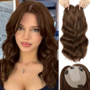 imageNAYOO Wavy Synthetic Clip In Hair Topper for Thinning Hair  20inch Natural Black Adds VolumeChestnut Brown