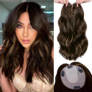 imageNAYOO Wavy Synthetic Clip In Hair Topper for Thinning Hair  20inch Natural Black Adds VolumeDark Brown Mix Light Brown