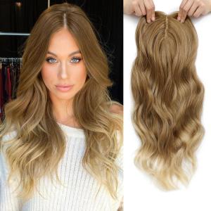 imageNAYOO Wavy Synthetic Clip In Hair Topper for Thinning Hair  20inch Natural Black Adds VolumeLight Brown Mix Blonde