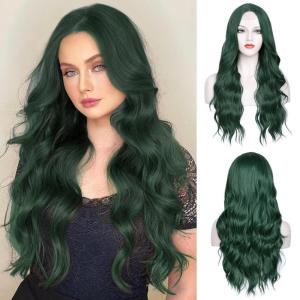 imageNAYOO Long Black Wig for Women  26 Inch Long Black Hair Wigs Natural Looking Black Long Wig Heat Resistant Black Wavy Wigs for Halloween Cosplay CostumeGreen