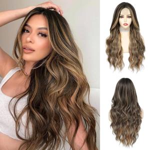 imageNAYOO Long Black Wig for Women  26 Inch Long Black Hair Wigs Natural Looking Black Long Wig Heat Resistant Black Wavy Wigs for Halloween Cosplay CostumeLight Brown Hair With Balayage Highlights