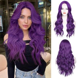 imageNAYOO Long Black Wig for Women  26 Inch Long Black Hair Wigs Natural Looking Black Long Wig Heat Resistant Black Wavy Wigs for Halloween Cosplay CostumeDark Purple