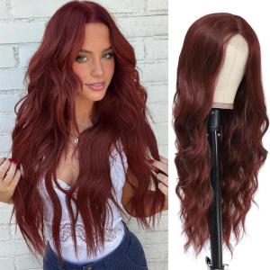 imageNAYOO Long Black Wig for Women  26 Inch Long Black Hair Wigs Natural Looking Black Long Wig Heat Resistant Black Wavy Wigs for Halloween Cosplay CostumeWine Red