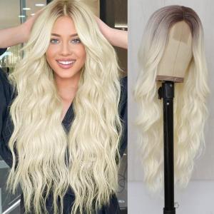 imageNAYOO Long Black Wig for Women  26 Inch Long Black Hair Wigs Natural Looking Black Long Wig Heat Resistant Black Wavy Wigs for Halloween Cosplay CostumeLight Blonde with Dark Roots
