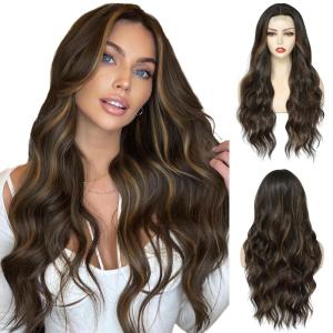 imageNAYOO Long Black Wig for Women  26 Inch Long Black Hair Wigs Natural Looking Black Long Wig Heat Resistant Black Wavy Wigs for Halloween Cosplay CostumeCaramel Brownie
