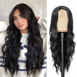 imageNAYOO Long Black Wig for Women  26 Inch Long Black Hair Wigs Natural Looking Black Long Wig Heat Resistant Black Wavy Wigs for Halloween Cosplay CostumeBlack