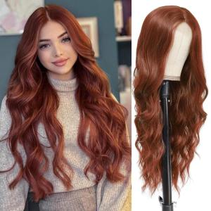 imageNAYOO Long Black Wig for Women  26 Inch Long Black Hair Wigs Natural Looking Black Long Wig Heat Resistant Black Wavy Wigs for Halloween Cosplay CostumeAuburn