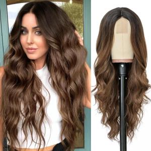 imageNAYOO Long Black Wig for Women  26 Inch Long Black Hair Wigs Natural Looking Black Long Wig Heat Resistant Black Wavy Wigs for Halloween Cosplay CostumeBrown Ombre
