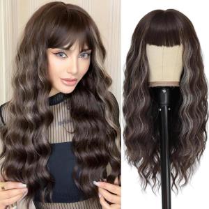 imageNAYOO Dirty Blonde Wave Wig with Bangs Heat Resistant Long Wavy Synthetic Hair for Women for Daily Use Party Halloween Dirty Blonde24InchBrown mixed Blonde