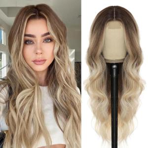 imageNAYOO Dirty Blonde Wave Wig with Bangs Heat Resistant Long Wavy Synthetic Hair for Women for Daily Use Party Halloween Dirty Blonde24InchBrown to Blonde