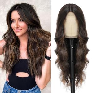 imageNAYOO Dirty Blonde Wave Wig with Bangs Heat Resistant Long Wavy Synthetic Hair for Women for Daily Use Party Halloween Dirty Blonde24InchDark Brown Mixed Highlight