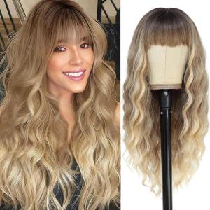 imageNAYOO Dirty Blonde Wave Wig with Bangs Heat Resistant Long Wavy Synthetic Hair for Women for Daily Use Party Halloween Dirty Blonde24InchOmbre Blonde