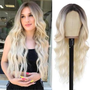 imageNAYOO Dirty Blonde Wave Wig with Bangs Heat Resistant Long Wavy Synthetic Hair for Women for Daily Use Party Halloween Dirty Blonde24InchOmbre Platinum Blonde