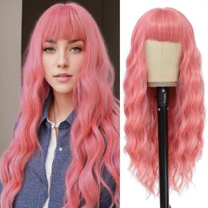 imageNAYOO Dirty Blonde Wave Wig with Bangs Heat Resistant Long Wavy Synthetic Hair for Women for Daily Use Party Halloween Dirty Blonde24InchPink
