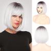imageNAYOO Grey Wig with Bangs 12 Inch Ombre Silver Bob Wigs for Women Super Soft Straight Bob Wig Synthetic Wig with Side Bangs Natural Look Color Wig for Daily HalloweenOmbre Grey