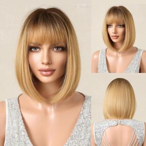 imageNAYOO Blonde Wig with Bangs 12 Inch Ombre Blonde Bob Wig for Women Natural Looking Short Blonde Wig Straight Short Bob Wig with Bangs Cosplay Wig for Daily and HalloweenOmbre Golden Blonde