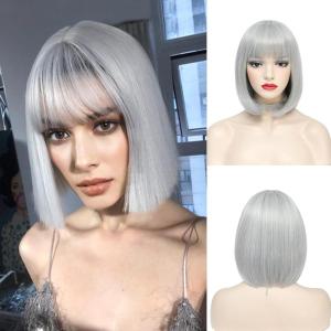 imageNAYOO Gray Bob Wig With Bangs 12 Inch Short Silver Bob Wig for Women Natural Looking Short Gray Wig With Bangs Super Soft Cosplay Wig Synthetic Wig for Daily Party HalloweenSilver Gray