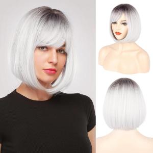 imageNAYOO Grey Wig with Bangs 12 Inch Ombre Silver Bob Wigs for Women Super Soft Straight Bob Wig Synthetic Wig with Side Bangs Natural Look Color Wig for Daily HalloweenOmbre Grey