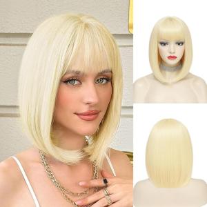 imageNAYOO Short Blonde Wig with Bangs 12 Inch Platinum Blonde Bob Wig With Bangs for Women Colorful Cosplay Wig Straight Short Bob Wig Natural Looking Synthetic Wig for Daily Party Halloween
