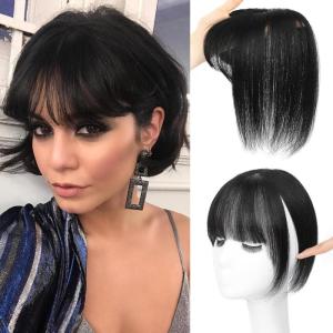imageNAYOO Bangs Hair Clip  Moca Brown Fake Bangs 100 Real Human Hair Extensions Wispy Bangs for Women Fringe with Temples Hairpieces Curved Bangs for Daily WearNatural Black