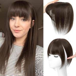 imageNAYOO Bangs Hair Clip  Moca Brown Fake Bangs 100 Real Human Hair Extensions Wispy Bangs for Women Fringe with Temples Hairpieces Curved Bangs for Daily Wear2 darkest brown
