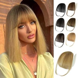 imageNAYOO Bangs Hair Clip  Moca Brown Fake Bangs 100 Real Human Hair Extensions Wispy Bangs for Women Fringe with Temples Hairpieces Curved Bangs for Daily Wearash blonde