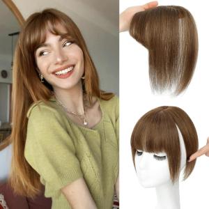imageNAYOO Bangs Hair Clip  Moca Brown Fake Bangs 100 Real Human Hair Extensions Wispy Bangs for Women Fringe with Temples Hairpieces Curved Bangs for Daily WearLight Brown