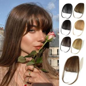 imageNAYOO Bangs Hair Clip  Moca Brown Fake Bangs 100 Real Human Hair Extensions Wispy Bangs for Women Fringe with Temples Hairpieces Curved Bangs for Daily WearMedium Brown