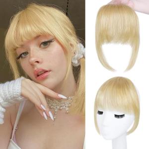 imageNAYOO Bangs Hair Clip  Moca Brown Fake Bangs 100 Real Human Hair Extensions Wispy Bangs for Women Fringe with Temples Hairpieces Curved Bangs for Daily Wearlight blonde
