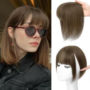 imageNAYOO Bangs Hair Clip  Moca Brown Fake Bangs 100 Real Human Hair Extensions Wispy Bangs for Women Fringe with Temples Hairpieces Curved Bangs for Daily WearBrown